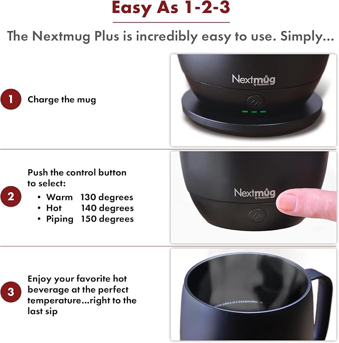 Nextmug Plus (Black - 18 oz.) Temperature-Controlled, Self-Heating Mug – No App, Long-Lasting Battery for Work & Study, Great Gift for Coffee Lovers