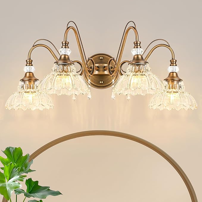 Vintage Bathroom Vanity Light, 4-Light Matte Antique Brass Finish Wall Sconce with Hanging Crystal Accents and Flower-Shaped Clear Glass Shades, Retro Wall Mount Vanity Light Over Mirror for Bathroom