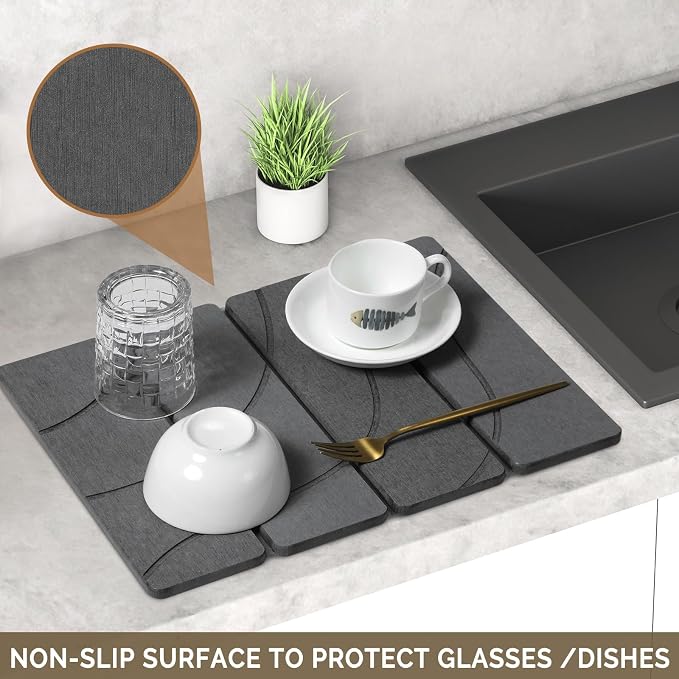 Small Stone Dish Drying Mat for Kitchen Counter, 2 PCS 16"×12" & 8"x4" Quick Dry Stone Mats, Foldable Water Absorbing Diatomite Drying Dish Pad for Countertop Bottles Utensils Cups(Carved Gray)