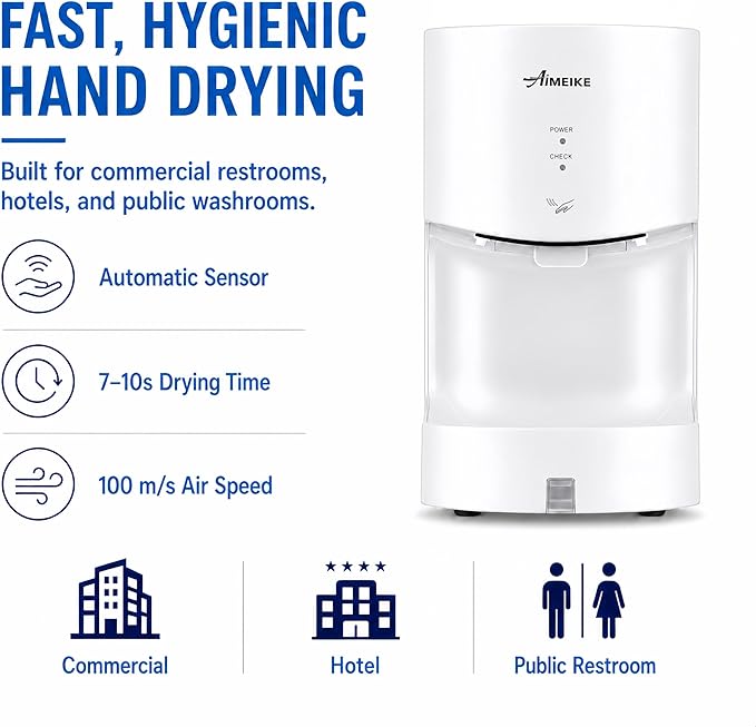 Automatic Commercial Wall Mounted Hand Dryer with Drip Tray, Compact High Speed 110V 1300W, Adjustable Hot & Cold Air, Low Noise for Bathroom & High-Traffic Restrooms,White