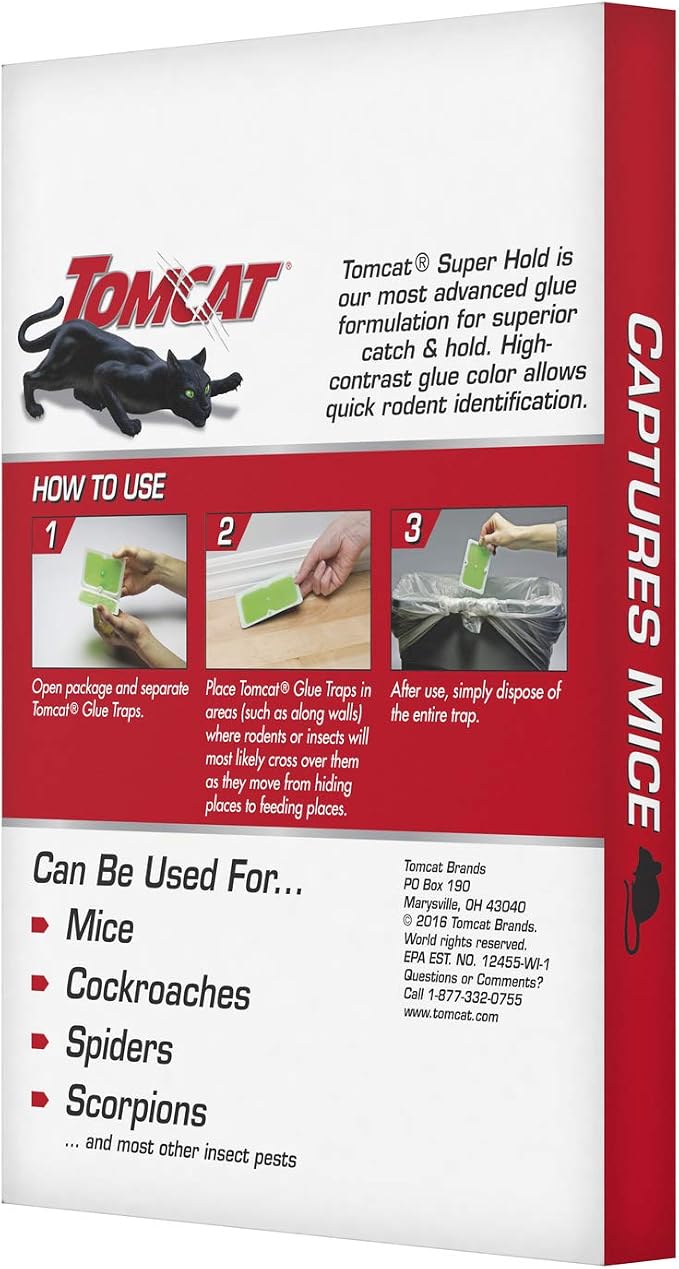 Tomcat Super Hold Glue Traps Mouse Size, 3-Pack (12 Glue Traps) | For Mice, Cockroaches, Spiders, and Scorpions, Ready-To-Use, 3 Packages Each with 4 Glue Traps