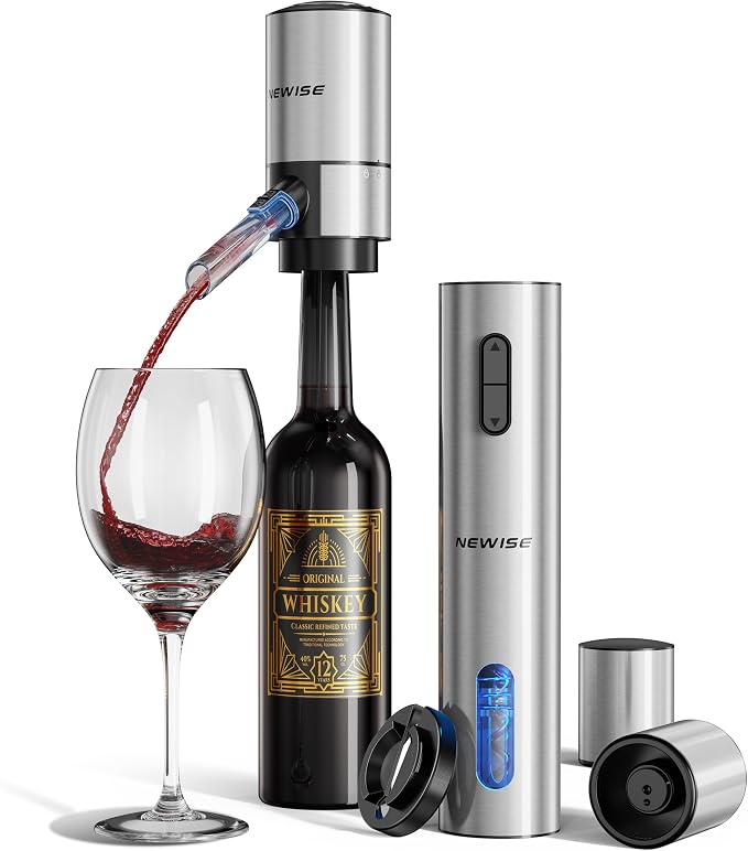 Newise Rechargeable Electric Wine Gift Set: Wine Opener, Aerator, Vacuum Stoppers & Foil Cutter - Wine Lovers Gifts for Women Men - Christmas & White Elephant Gifts