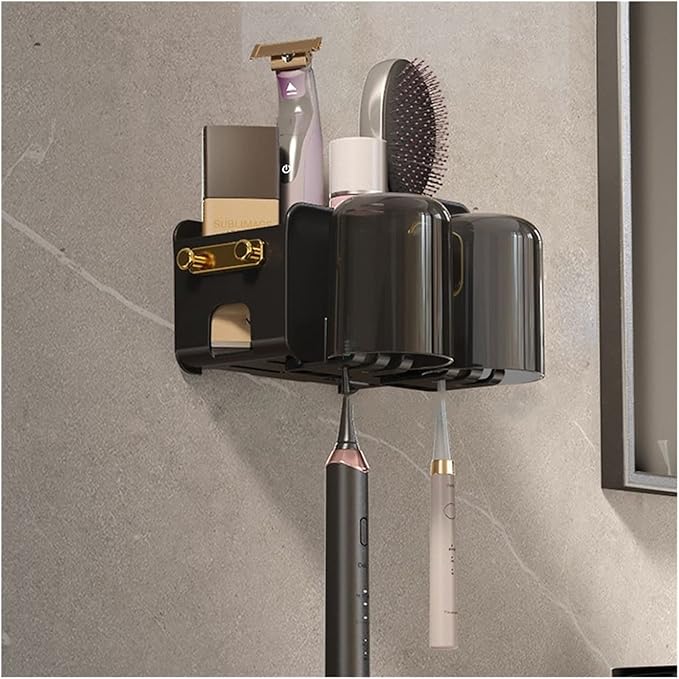 Toothbrush Rack 2PCS Wall Mounted Bathroom Toothbrush Holder for Makeup, Shaver Storage Rack, with Mouthwash Cup, Toothpaste Squeezer Kit Bathroom Toothbrush Holder(B)