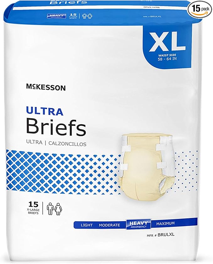 McKesson Ultra Briefs, [15 Count], XL, 58-64 in. Incontinence Adult Diapers, Heavy Absorbency, Unisex, Disposable, Elastic Leg Gathers and Contoured Fit for Men and Women
