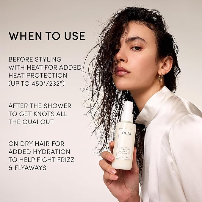 OUAI Leave In Conditioner Full Size & Travel Size - Detangling Spray & Heat Protectant Primer + Tamarind Seed, Vitamin E & Amino Acid Blend - Frizz Control, 450°F Heat Shield, 2 Count