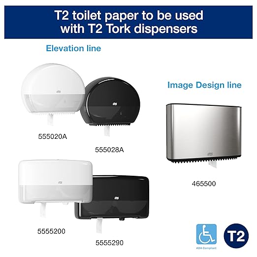 Tork Mini Jumbo Bath Tissue Roll - Toilet Paper Towels with Advanced Soft Quality, Compatible with T2 Tork Dispenser, 12 rolls x 1075, 2-Ply Sheets, Color: White, 11020602