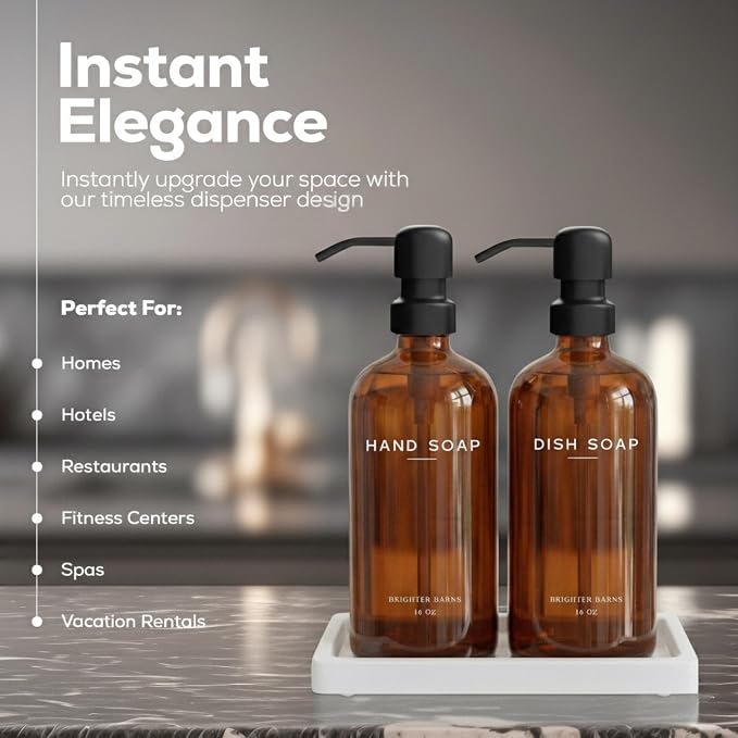 Amber Glass Hand and Dish Soap Dispenser Set by Brighter Barns - Kitchen Soap Dispenser Set with Tray for Kitchen, Airbnb, Vacation Rental or Restaurant - Modern Kitchen Decor & Accessories (Amber)