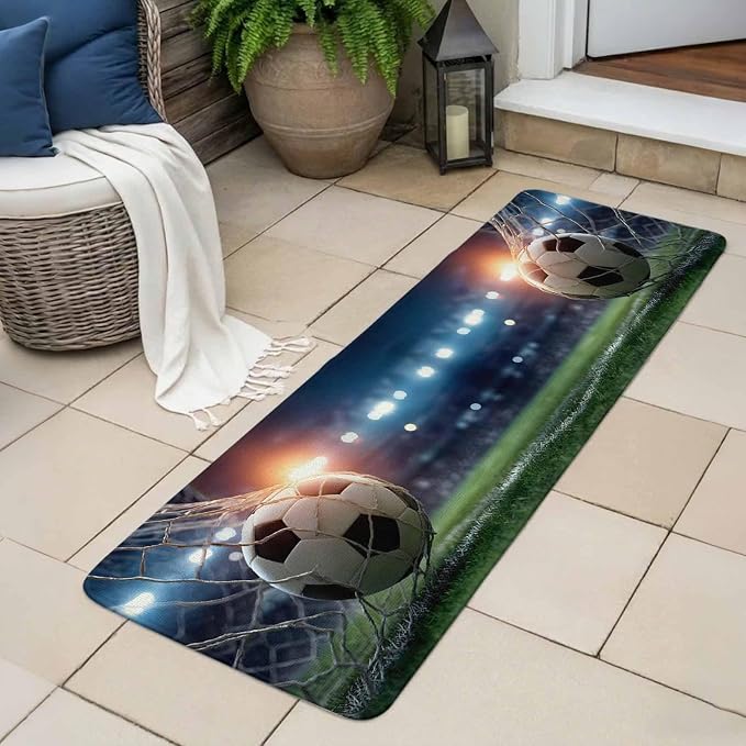 Football Bathroom Runner Rugs Non Slip Washable Absorbent Narrow Long Bath Mat Goal Net Soccer Sports Orange Blue Green Runner Rugs for Kitchen Hallway Bedroom Laundry Study Room 15.7"x47.2"