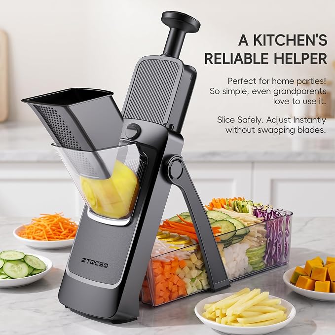 Vegetable Slicer with Adjustable Thickness, Easy to Clean Potato Mandoline Slicer with Container, Rapid Prep French Fry Veggie Cutter/Onion Slicer, Free Grater/Cleaning Brush (Black)