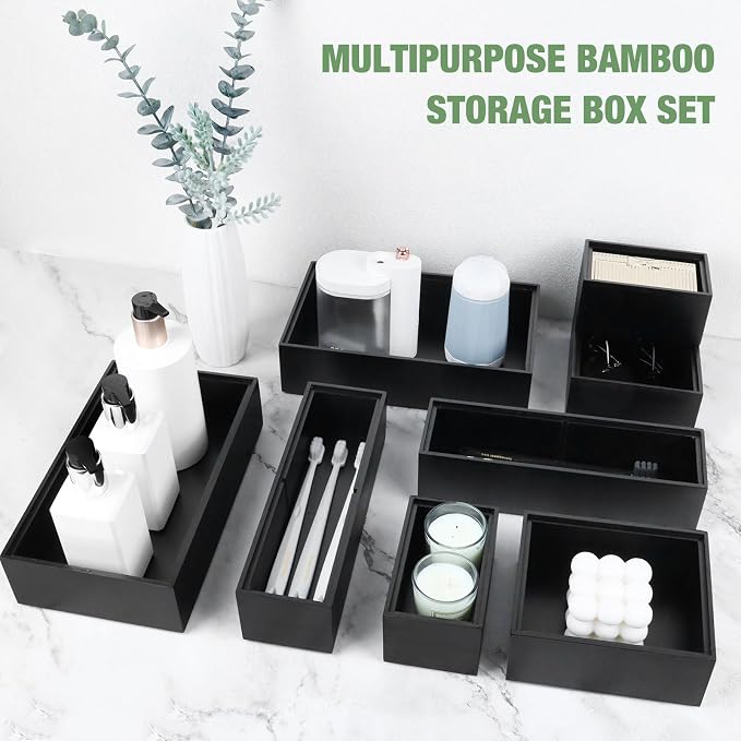 Bamboo Drawer Organizer Set, 8 PCS Black Multi-Use Drawer Storage Boxes, Junk Drawer Organizer Divider Bins for Bathroom, Kitchen, Office Desk, Makeup, Jewelry, Utensils