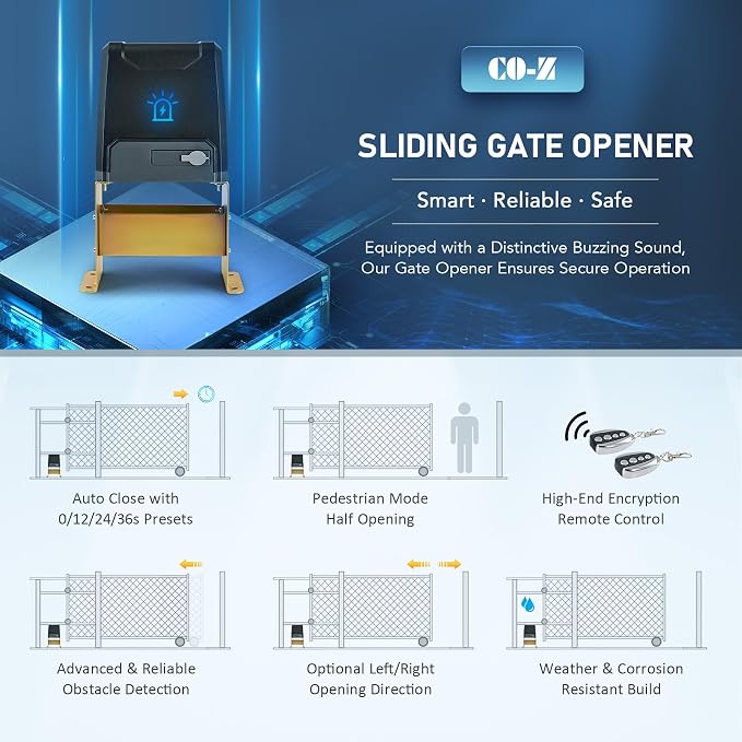 CO-Z Upgraded 3300lb Sliding Gate Opener, 550W Automatic Gate Opener with Safety Sensor for Doors up to 40ft, Chain Driven Driveway Gate Opening System, Complete Gate Opener Kit with Remote Control