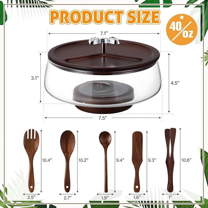 Hushee Glass Salad Bowl Set, Party Salad Bowl with Wood Base and Lid as Cheese Charcuterie Board and Plate, Comes with 5 Pieces of Elegant Wood Serving Utensils (1.27 Qt)