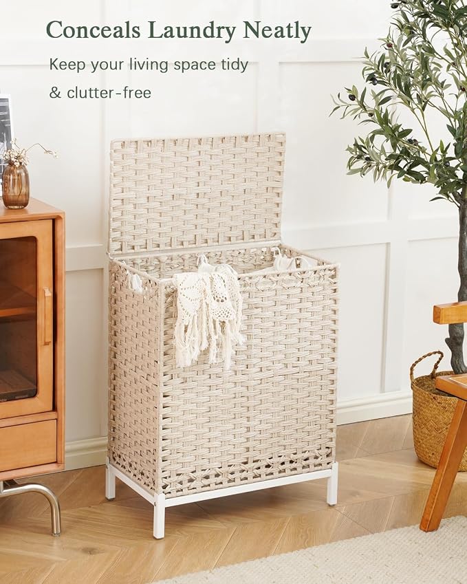 SETVSON Laundry Hamper with Lid, Wicker Laundry Basket, 112 L, Light Khaki | Handwoven PE Rattan, 2 Removable Liner Bags, Metal Heightened Feet, 6 Mesh Bags, Clothes Hamper for Bathroom Bedroom