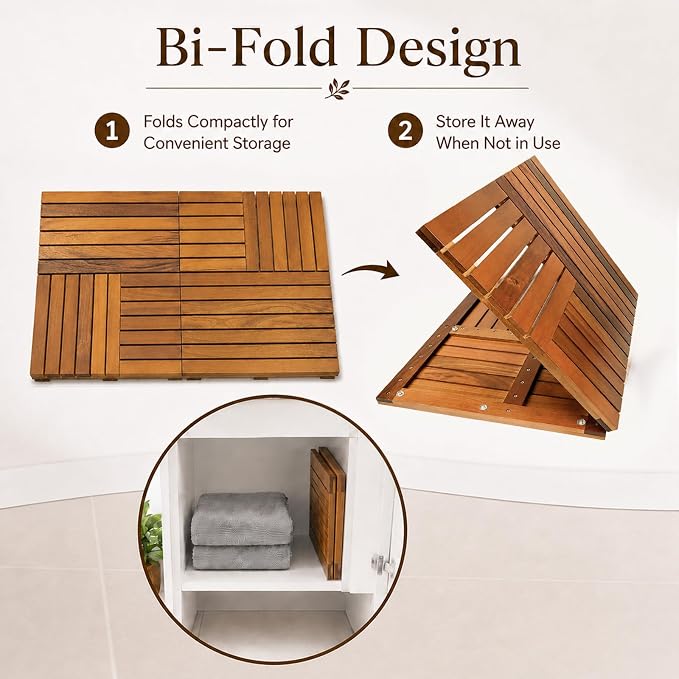 Foldable Teak Shower Mat, 36 x 20 Inch Large Teak Wood Bath Mat with Non-Slip Pads, Wooden Shower Mat for Bathroom, Indoor Outdoor Wood Shower Mat with Cleaning Brush and Cloth
