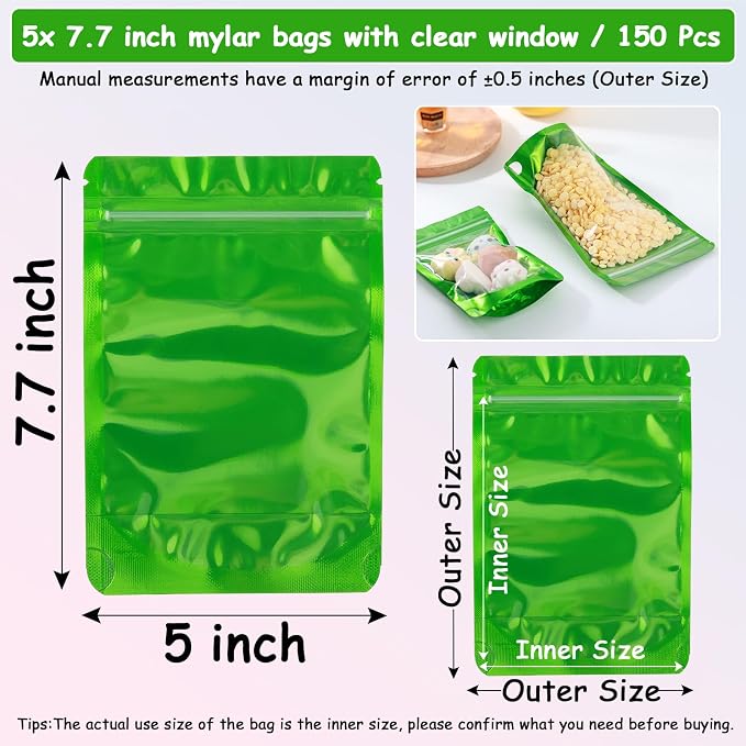 150 Pcs Mylar Bags for Food Storage, 5x8 Mylar Bag with Window Stand Up, Small Holographic Resealable Bags Smell Proof Bag Food Packaging for Small Business Freeze Dried Candy Jewelry Foil Packaging