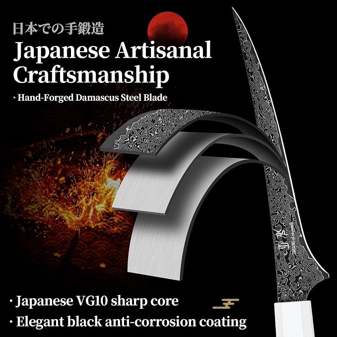 DRGSKL Damascus Fillet Knife 7 Inch - VG10 Razor Sharp Slicing Knife | Japanese VG10 Core, Black Anti-corrosion Coating, Damascus Blade, G10 Handle, Gift Box, Wet Edge Grinding Technology