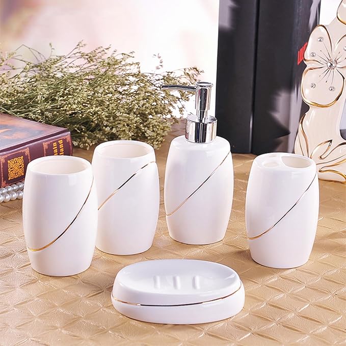Soap Dispenser Set White, Set of 5 Bathroom Accessories, with 2 Toothbrush Cups, Soap Dish, Toothbrush Cup, Ceramic Soap Dispenser, for Bathrooms, Apartments, Dormitories,White Gold