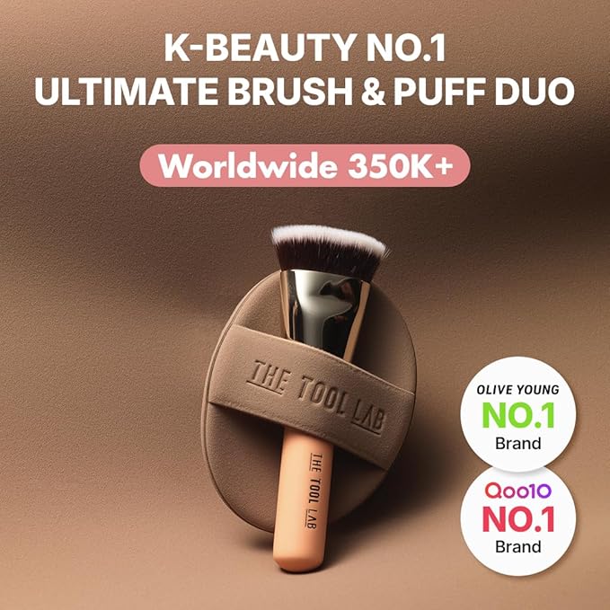 THE TOOL LAB All Day Fitting Duo (Glow type) - Premium Base Makeup Set for Liquid Cream Powder Foundation, Buffing Blending Face Brush, Sponge, Portable Case - 1.1" Flat Top Brush