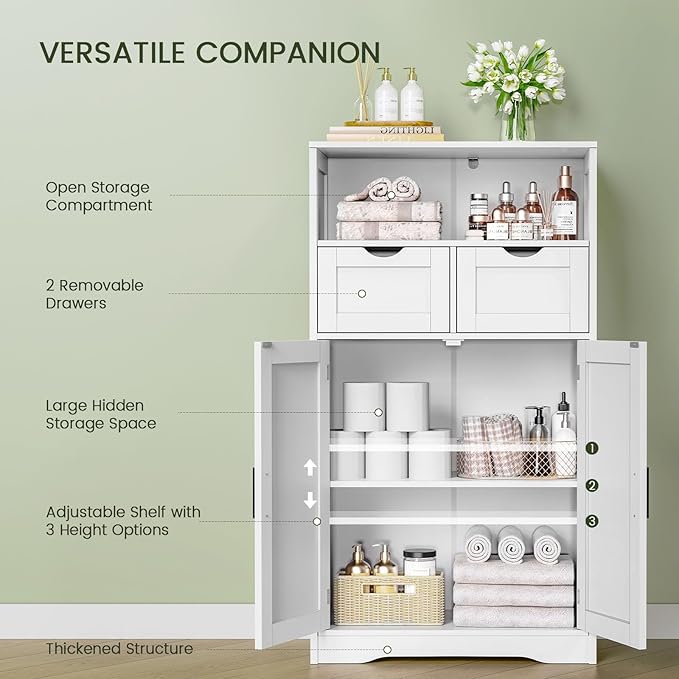 Iwell Bathroom Cabinet with Doors and Drawers, Freestanding Bathroom Storage Cabinet, Adjustable Shelves, for Living Room, Kitchen, Home Office, White