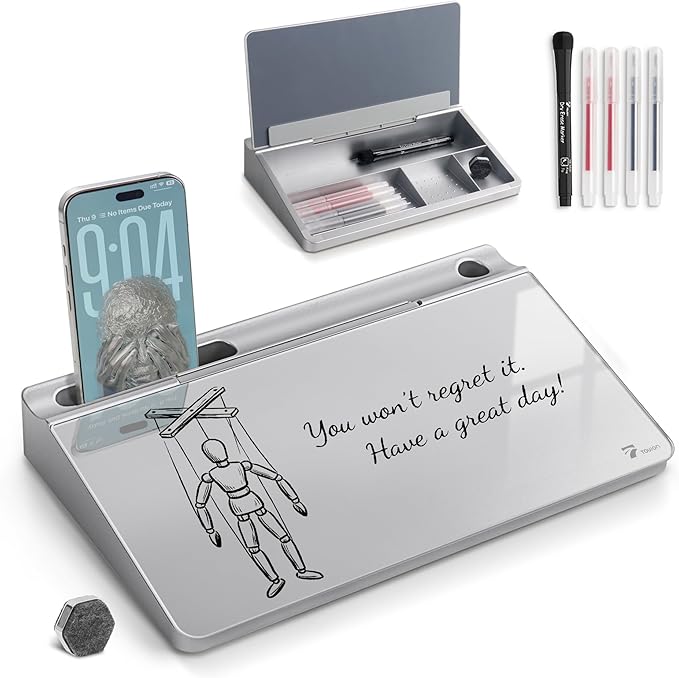 TOWON Small Compact Glass Desktop Whiteboard with Storage – 12 x 7 in Dry Erase Board for Desk, Home Office, School | Includes 5 Markers, Eraser & Holder | Space-Saving Organizer, Metallic Silver