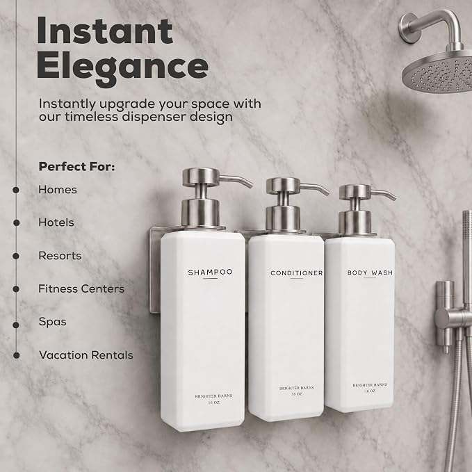Luxury Shampoo and Conditioner Dispenser Set Wall Mounted by Brighter Barns - Refillable Shower Dispenser with Stainless Steel Pumps - Shampoo Bottles 3 Chamber No Drill for Airbnb, Spa, Hotel (White)