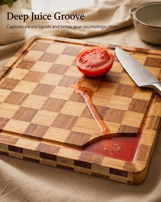 Wood Cutting Board,Heavy Duty End Grain Butcher Block Bamboo Cutting Boards for Kitchen with Deep Juice Grooves and Handles for Meat, Cheese, Charcuterie and Gifting
