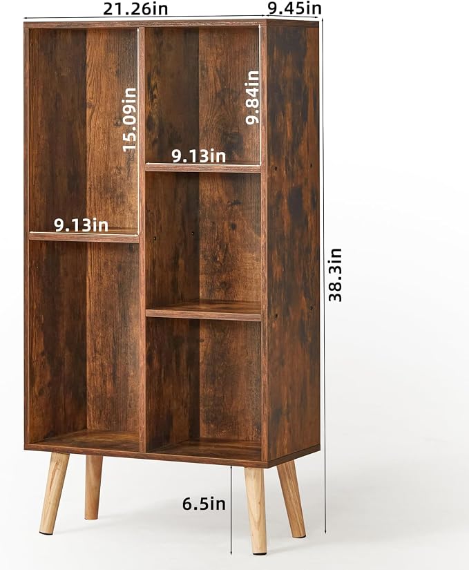 LEYAOYAO 5 Cube Bookshelf, Mid-Century Modern Book Shelf with Legs, Brown | 3 Tier Bookcase, Rustic Wood Bookshelves Freestanding Small Storage Organizer, Open Shelves for Bedroom, Living Room, Office