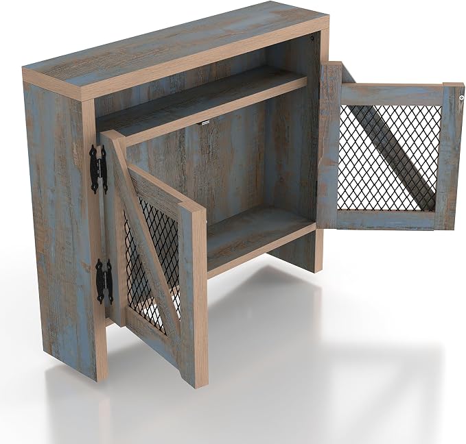 UNA Farmhouse 2 Shelves Wood Wall Cabinet with Net Doors for Bathroom, Kitchen, Living Room, Bedroom, Home Office, Laundry Room, Distressed Blue