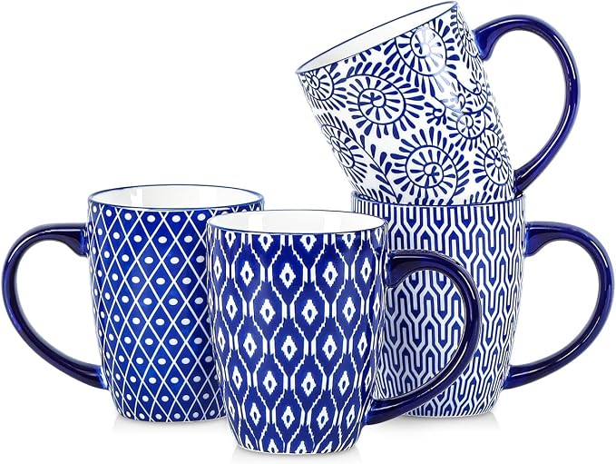 Selamica Ceramic Coffee Mugs Set of 4 with Handle, 16 OZ Large Coffee Cups for Cappuccino, Tea, Mocha, Cocoa, Dishwasher Microwave Safe, Vintage Blue