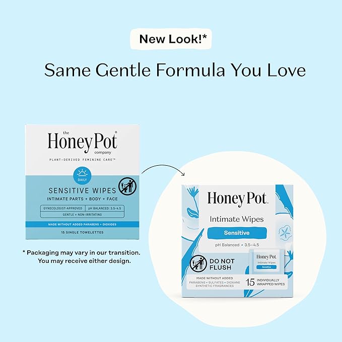 The Honey Pot Company - Feminine Wipes - Sensitive - Individually Wrapped - pH Balancing, Herbal Infused Plant-Based Feminine Care - Great for Travel & Period Kits - 15ct (Pack of 3)