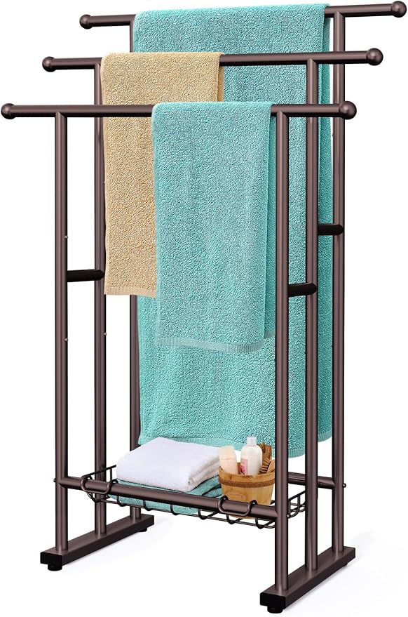 Kayfia 40" Tall Standing Towel Racks for Bathroom, 3 Tier Towel Rack Stand with Storage Basket, Blanket Ladder Drying and Display Rack for Oversized Bath Towel, Next to Tub Or Shower