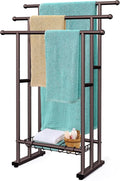 Kayfia 40" Tall Standing Towel Racks for Bathroom, 3 Tier Towel Rack Stand with Storage Basket, Blanket Ladder Drying and Display Rack for Oversized Bath Towel, Next to Tub Or Shower