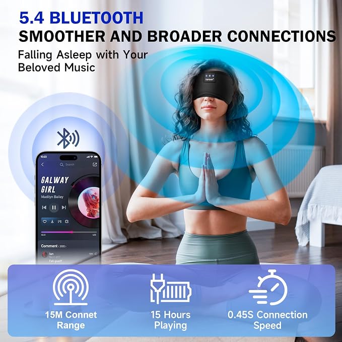 TOPOINT Sleep Mask with Bluetooth Headphones, Breathable Silk Eye Mask for Sleeping Men Women, Bluetooth Sleep Mask Blackout with Speakers, Microphone Handsfree, USB C for Travel Meditation Gifts