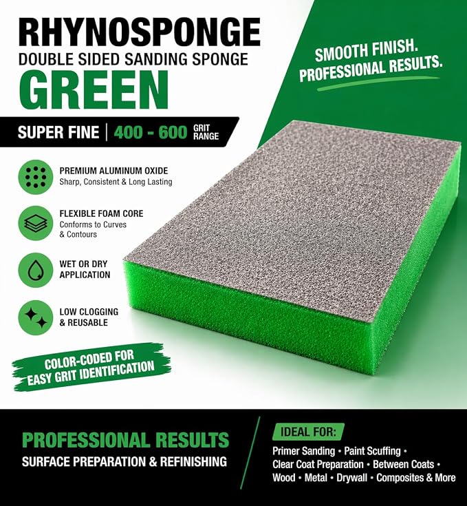 Indasa Rhyno Double Sided Sanding Sponge Pads – Aluminum Oxide, 4.75" x 3.75" x 1/2" – Flexible Foam Sanding Block (100 Pack) (Green (400–600 Grit))