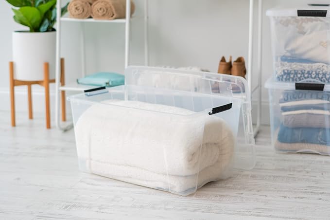 IRIS USA 72 QT Plastic Storage Box with Lid and Latches - 4 Pack - BPA-Free, See-Through Organizing Solution, Durable Nestable Stackable Containers, Secure Pull Handle - Clear