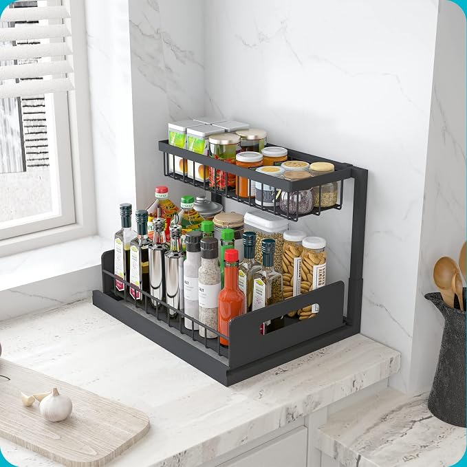 REALINN Under Sink Organizer, L-Shaped 2 Tier Pull Out Cabinet Organizer for Kitchen and Bathroom, Slide Out Under Cabinet Storage, Metal Under Sink Storage with Sliding Drawer, 50 lbs, Black 2 Pack