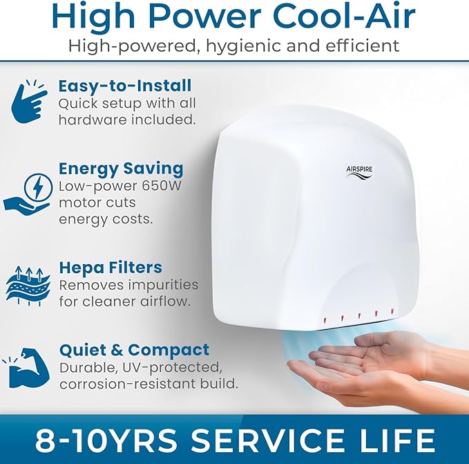 Electric Hand Dryer for Commercial Bathrooms & Home Use (110-120V) - Energy Efficient 650W Automatic Hand Dryer - HEPA Air Filtration & UV Protection - Wall Mounted, 78 dB - Cool Air (White)