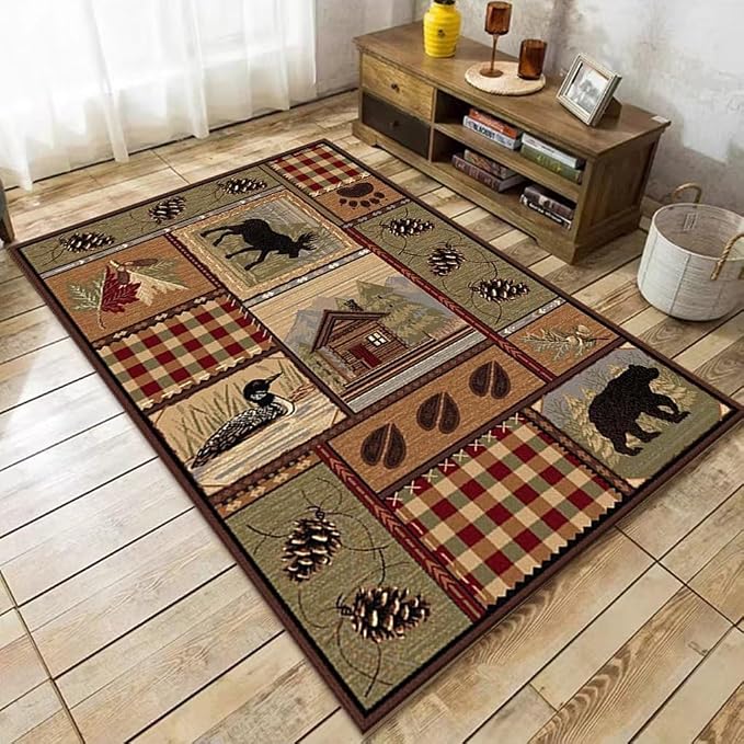 Rustic Cabin Deer Rugs 4x6 Feet Western Wildlife Bear Print Area Rug for Laundry Room Dining Room Entrance Non-Slip Lodge Bear Indoor Entryway Mat