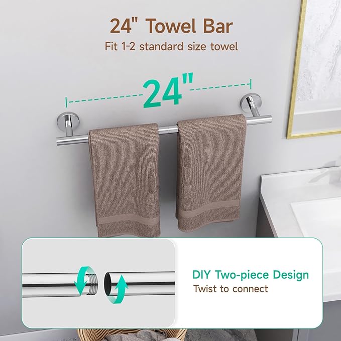 USHOWER Polished Chrome Bathroom Accessories Set, 24-Inch Towel Bar Set Wall Mounted, Durable SUS304 Stainless Steel Bathroom Hardware Set, 8-Piece