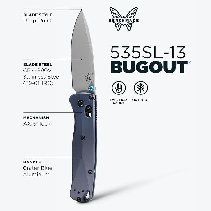 Benchmade Bugout EDC Knife, S90V Steel Blade (535SL-13) | Crater Blue Aluminum handle, Drop-Point blade