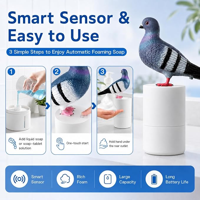 Touchless Foam Soap Dispenser, Gray Peace Dove Design, 300 mL | Touchless infrared foam dispensing with a refillable 300 mL tank