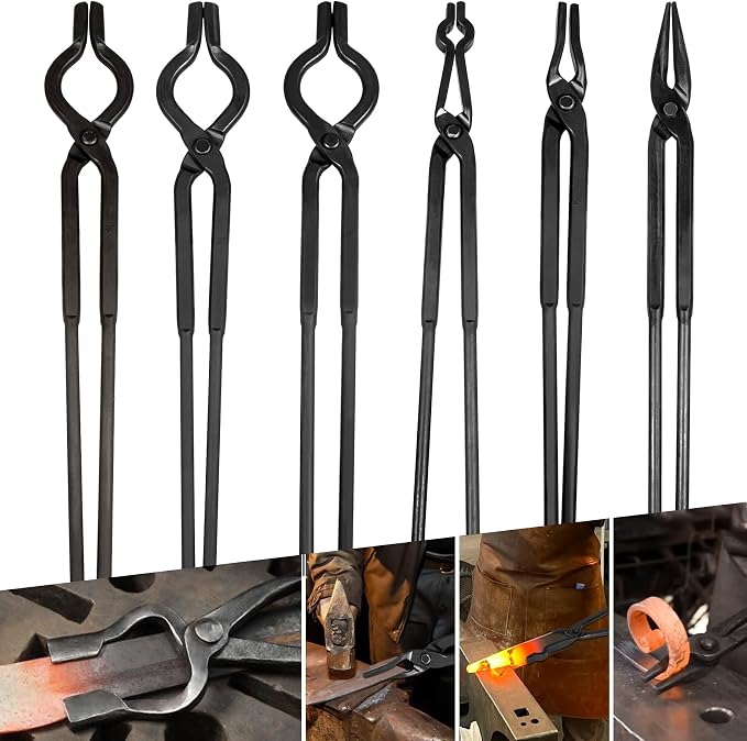 Blacksmith Tong - 3/8" 1/2" 5/8" V-Bit, 1/4 Flat Jaw, Pick Up, Scroll | Knife Making Forge Tongs Set Assembled Steel Blacksmithing Bladesmith Bladesmithing (6PCS)