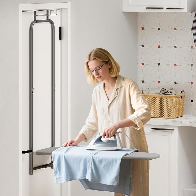 COSTWAY Over the Door Ironing Board, Space-Saving Metal Hanging Iron Board | Iron Holder & Cotton Cover, Compact Fold Down Iron Stand for Home, Apartment, Laundry Room, Dorm, 42"L x 17"W x 50"H