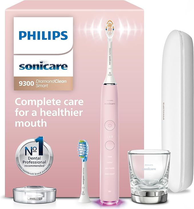 Philips Sonicare DiamondClean Smart 9300 Electric Toothbrush - Sonic Toothbrush with App, Pressure Sensor, 12 Brushing Settings, Replacement Reminder, Travel Case, Pink, Model HX9903/25