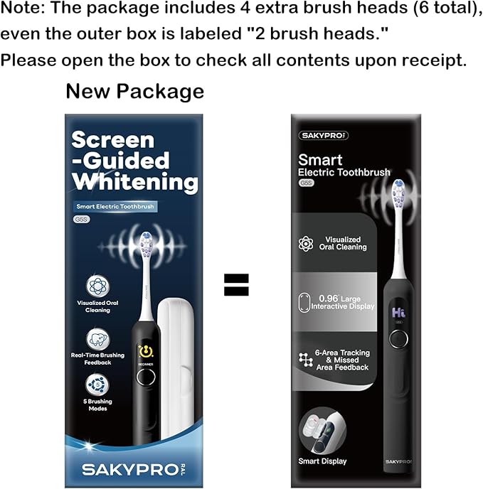 SAKYPRORAL AI Electric Toothbrush for Adults, Sonic Rechargeable Whitening Toothbrush with 6-Zone Tracking, Soft Replacement Heads & Travel Case (Black, 1 Count with 6 Brush Heads)