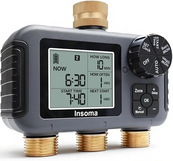 Insoma 3 Outlets Sprinkler Timer, Brass Inlet and Outlet | Automatic Irrigation/Manual Mode Optional | Large LCD + Rain Delay | IPX5 Waterproof, Water Hose Timer for Lawn, Garden, Pool