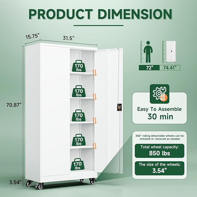 Metal Garage Storage Cabinets with Lock Door and Adjustable Shelves, Steel Tool Cabinets for Home,Office,Warehouse Organisieren (White, 75" H)