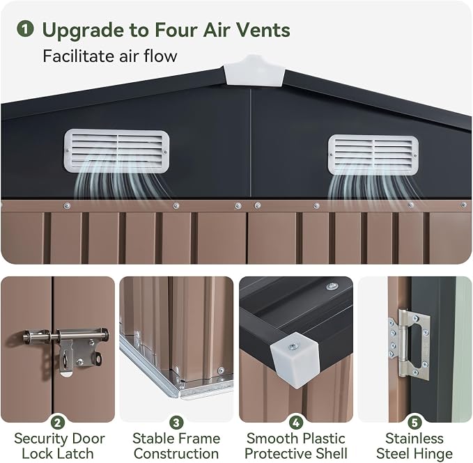 Aoxun 10 x 12FT Outdoor Storage Shed with Double Hinged Large Door, Brown | Utility Garden Shed with Lockable Door & Sloped Roof Metal Sheds Outdoor Storage for Garden, Backyard, Patio and Backyard