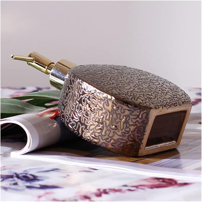 Art Deco Metallic Bronze Ceramic Soap Dispenser with Gold Pump - Elegant Round Refillable Bottle for Luxury Bathroom Decor