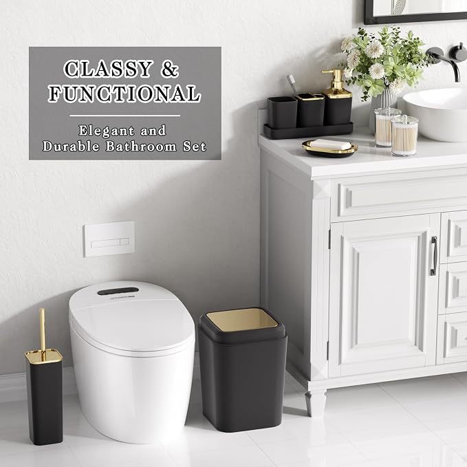 XLHOMO Bathroom Set, 9PC Bathroom Accessory Set, Black Bathroom Accessories, Black Bathroom Set, Trash Can, Soap Dispenser for Home Decor